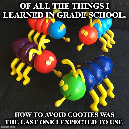 cooties | OF ALL THE THINGS I LEARNED IN GRADE SCHOOL, HOW TO AVOID COOTIES WAS THE LAST ONE I EXPECTED TO USE | image tagged in cooties | made w/ Imgflip meme maker