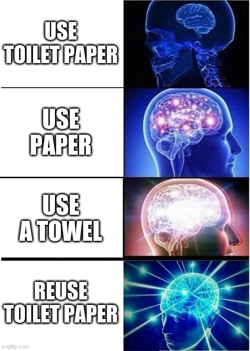 Expanding Brain | USE TOILET PAPER; USE PAPER; USE A TOWEL; REUSE TOILET PAPER | image tagged in memes,expanding brain | made w/ Imgflip meme maker