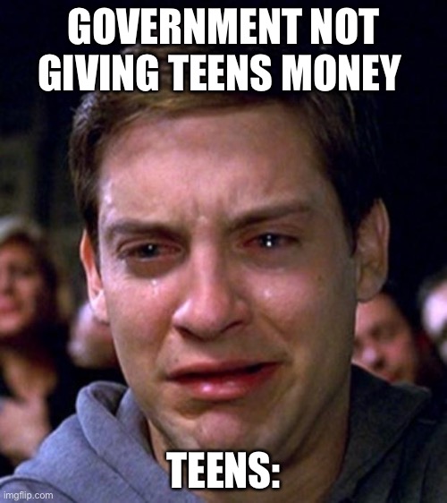 crying peter parker | GOVERNMENT NOT GIVING TEENS MONEY; TEENS: | image tagged in crying peter parker | made w/ Imgflip meme maker