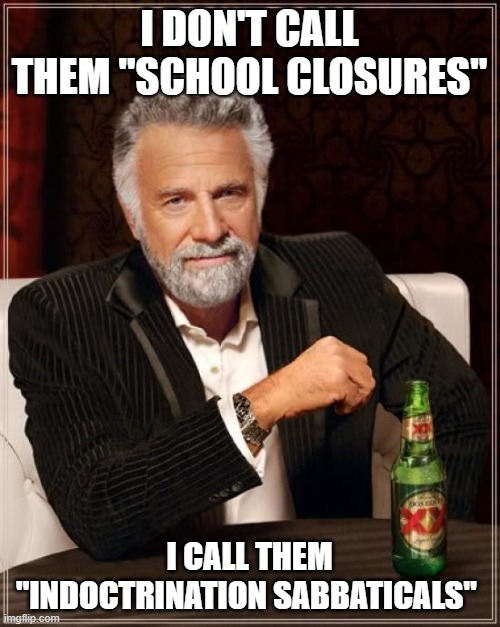 The Most Interesting Man In The World Meme | I DON'T CALL THEM "SCHOOL CLOSURES" I CALL THEM "INDOCTRINATION SABBATICALS" | image tagged in memes,the most interesting man in the world | made w/ Imgflip meme maker