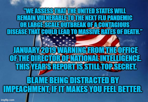 us flag | "WE ASSESS THAT THE UNITED STATES WILL REMAIN VULNERABLE TO THE NEXT FLU PANDEMIC OR LARGE-SCALE OUTBREAK OF A CONTAGIOUS DISEASE THAT COULD LEAD TO MASSIVE RATES OF DEATH."; JANUARY 2019 WARNING FROM THE OFFICE OF THE DIRECTOR OF NATIONAL INTELLIGENCE.  THIS YEAR'S REPORT IS STILL TOP SECRET. BLAME BEING DISTRACTED BY IMPEACHMENT, IF IT MAKES YOU FEEL BETTER. | image tagged in us flag | made w/ Imgflip meme maker