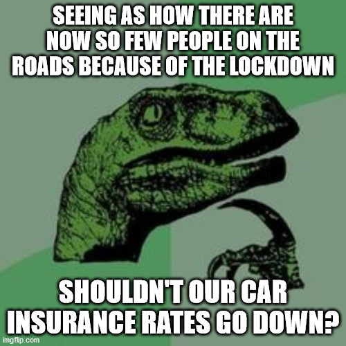 Time raptor  | SEEING AS HOW THERE ARE NOW SO FEW PEOPLE ON THE ROADS BECAUSE OF THE LOCKDOWN; SHOULDN'T OUR CAR INSURANCE RATES GO DOWN? | image tagged in time raptor | made w/ Imgflip meme maker