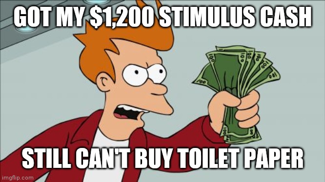 Shut Up And Take My Money Fry | GOT MY $1,200 STIMULUS CASH; STILL CAN'T BUY TOILET PAPER | image tagged in memes,shut up and take my money fry | made w/ Imgflip meme maker