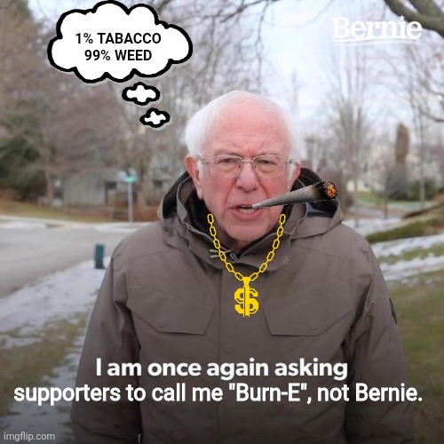 Bernie I Am Once Again Asking For Your Support | 1% TABACCO 99% WEED; supporters to call me "Burn-E", not Bernie. | image tagged in memes,bernie i am once again asking for your support | made w/ Imgflip meme maker