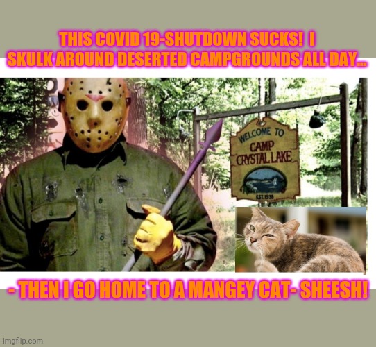 SAD JASON | THIS COVID 19-SHUTDOWN SUCKS!  I SKULK AROUND DESERTED CAMPGROUNDS ALL DAY... - THEN I GO HOME TO A MANGEY CAT- SHEESH! | image tagged in bored,shutdown,what do we want | made w/ Imgflip meme maker