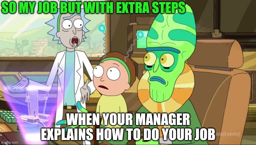 rick and morty-extra steps | SO MY JOB BUT WITH EXTRA STEPS; WHEN YOUR MANAGER EXPLAINS HOW TO DO YOUR JOB | image tagged in rick and morty-extra steps | made w/ Imgflip meme maker