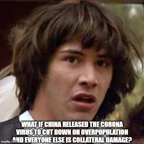 Conspiracy Keanu | WHAT IF CHINA RELEASED THE CORONA VIRUS TO CUT DOWN ON OVERPOPULATION AND EVERYONE ELSE IS COLLATERAL DAMAGE? | image tagged in memes,conspiracy keanu | made w/ Imgflip meme maker