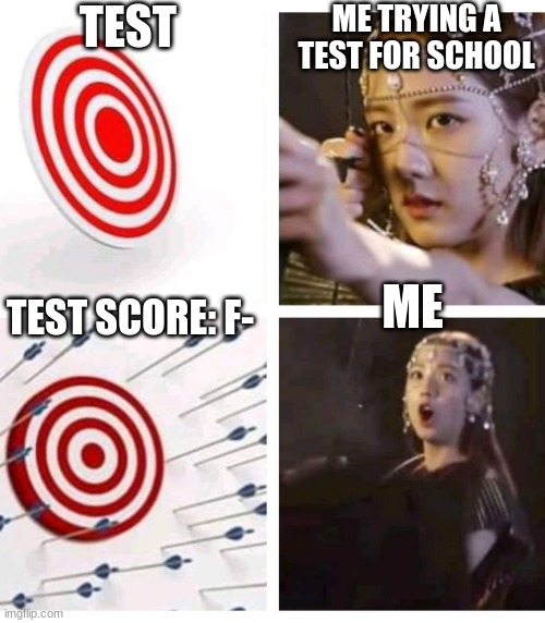 us trying something but failed | ME TRYING A TEST FOR SCHOOL; TEST; ME; TEST SCORE: F- | image tagged in us trying something but failed | made w/ Imgflip meme maker