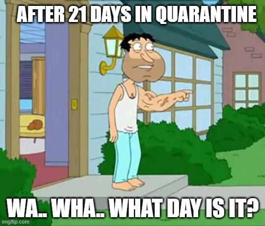 Quagmire Big Arm | AFTER 21 DAYS IN QUARANTINE; WA.. WHA.. WHAT DAY IS IT? | image tagged in quagmire big arm | made w/ Imgflip meme maker