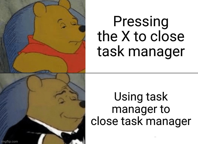 Tuxedo Winnie The Pooh | Pressing the X to close task manager; Using task manager to close task manager | image tagged in memes,tuxedo winnie the pooh | made w/ Imgflip meme maker