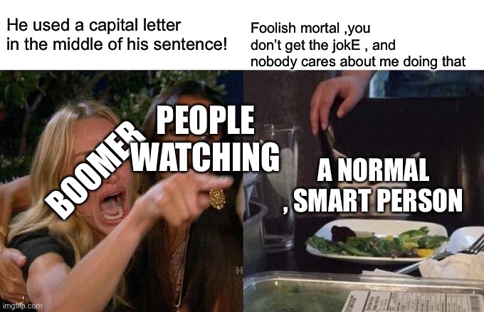 Woman Yelling At Cat | Foolish mortal ,you don’t get the jokE , and nobody cares about me doing that; He used a capital letter in the middle of his sentence! PEOPLE WATCHING; BOOMER; A NORMAL , SMART PERSON | image tagged in memes,woman yelling at cat | made w/ Imgflip meme maker