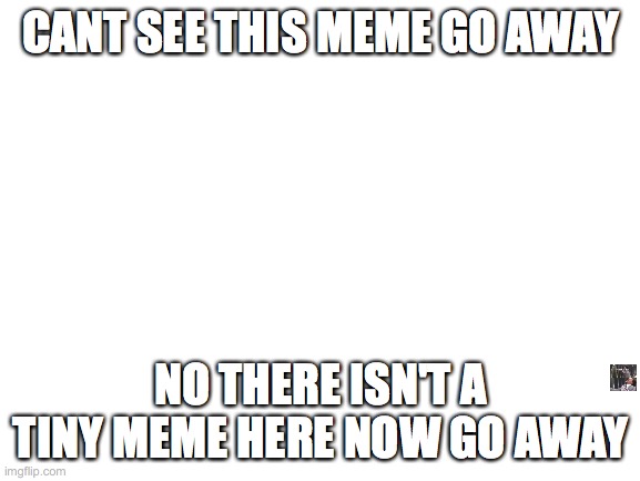 go away | CANT SEE THIS MEME GO AWAY; NO THERE ISN'T A TINY MEME HERE NOW GO AWAY | image tagged in blank white template | made w/ Imgflip meme maker