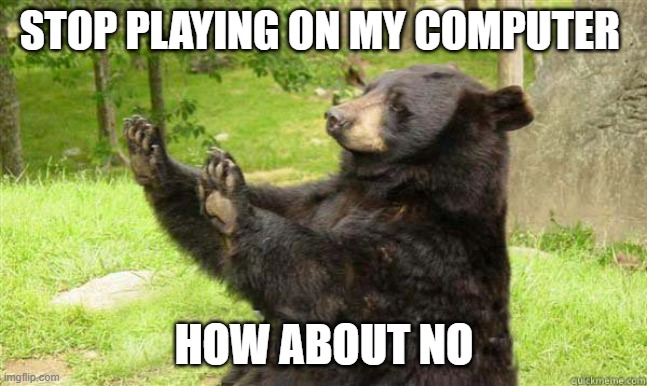 how bout no | STOP PLAYING ON MY COMPUTER; HOW ABOUT NO | image tagged in how about no bear | made w/ Imgflip meme maker