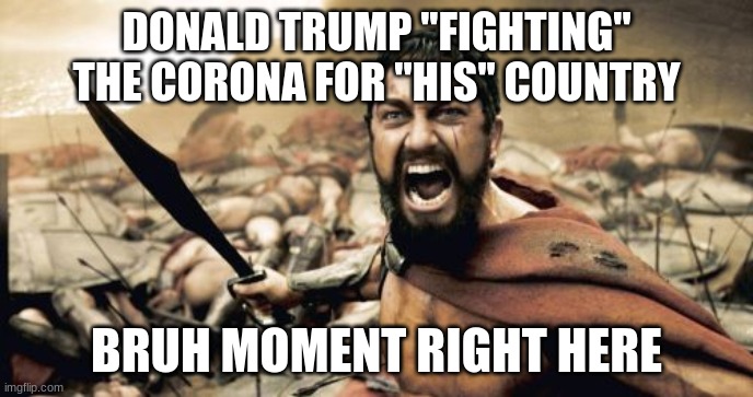 Sparta Leonidas Meme | DONALD TRUMP ''FIGHTING'' THE CORONA FOR ''HIS'' COUNTRY; BRUH MOMENT RIGHT HERE | image tagged in memes,sparta leonidas | made w/ Imgflip meme maker