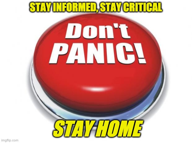 Don't panic button | STAY INFORMED, STAY CRITICAL; STAY HOME | image tagged in don't panic button | made w/ Imgflip meme maker