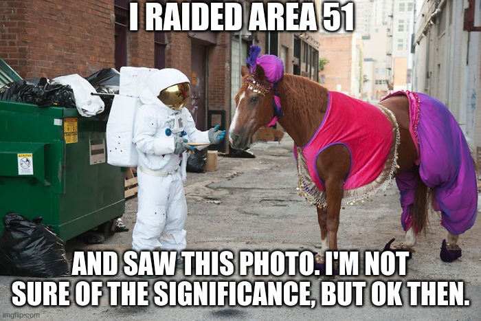 Fever Dream | I RAIDED AREA 51; AND SAW THIS PHOTO. I'M NOT SURE OF THE SIGNIFICANCE, BUT OK THEN. | image tagged in fever dream | made w/ Imgflip meme maker