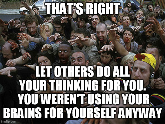 Zombies Approaching | THAT'S RIGHT LET OTHERS DO ALL YOUR THINKING FOR YOU.  YOU WEREN'T USING YOUR BRAINS FOR YOURSELF ANYWAY | image tagged in zombies approaching | made w/ Imgflip meme maker