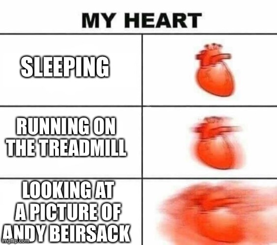 My heart blank | SLEEPING; RUNNING ON THE TREADMILL; LOOKING AT A PICTURE OF ANDY BEIRSACK | image tagged in my heart blank | made w/ Imgflip meme maker