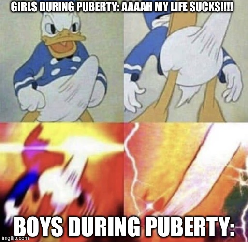 Donald Duck erection | GIRLS DURING PUBERTY: AAAAH MY LIFE SUCKS!!!! BOYS DURING PUBERTY: | image tagged in donald duck erection | made w/ Imgflip meme maker