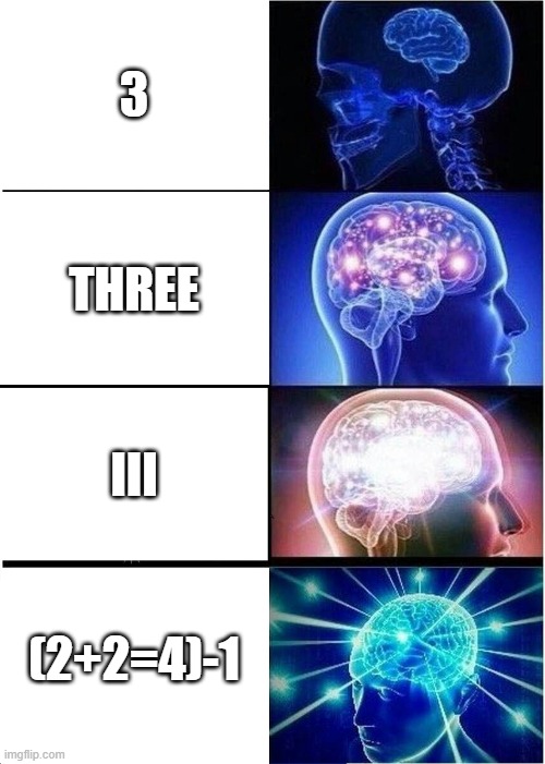 Expanding Brain Meme | 3; THREE; III; (2+2=4)-1 | image tagged in memes,expanding brain | made w/ Imgflip meme maker