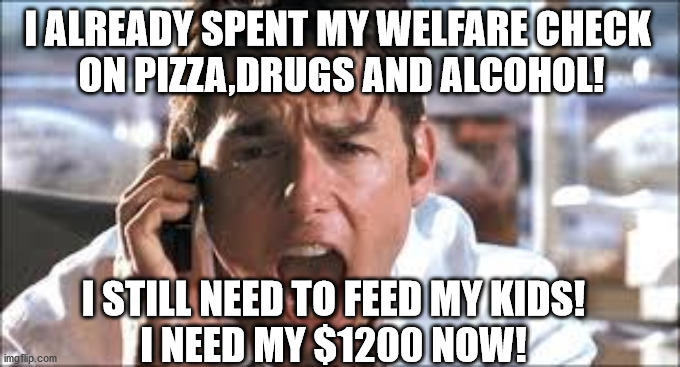 Show me the money | I ALREADY SPENT MY WELFARE CHECK 
ON PIZZA,DRUGS AND ALCOHOL! I STILL NEED TO FEED MY KIDS!
I NEED MY $1200 NOW! | image tagged in show me the money | made w/ Imgflip meme maker