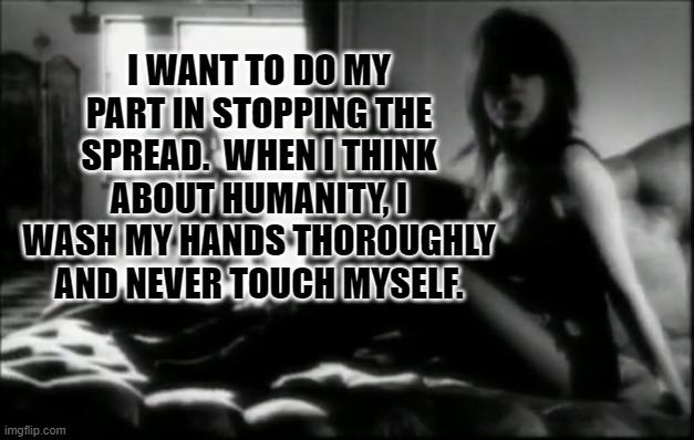 I Honestly Do | I WANT TO DO MY PART IN STOPPING THE SPREAD.  WHEN I THINK ABOUT HUMANITY, I WASH MY HANDS THOROUGHLY AND NEVER TOUCH MYSELF. | image tagged in coronavirus | made w/ Imgflip meme maker