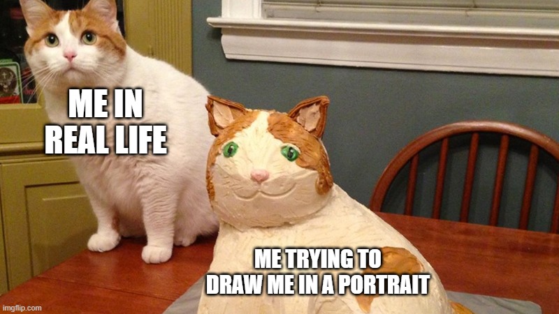 Cat Cake | ME IN REAL LIFE; ME TRYING TO DRAW ME IN A PORTRAIT | image tagged in cat cake | made w/ Imgflip meme maker