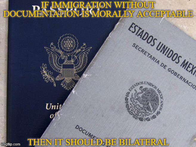 Fair's fair. | IF IMMIGRATION WITHOUT DOCUMENTATION IS MORALLY ACCEPTABLE; THEN IT SHOULD BE BILATERAL | image tagged in passport,immigration,open borders,double standard,hypocrisy,both ways | made w/ Imgflip meme maker