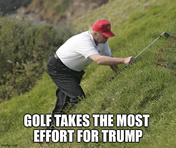 trump golfing | GOLF TAKES THE MOST 
EFFORT FOR TRUMP | image tagged in trump golfing | made w/ Imgflip meme maker