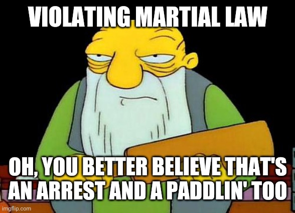That's a paddlin' | VIOLATING MARTIAL LAW; OH, YOU BETTER BELIEVE THAT'S AN ARREST AND A PADDLIN' TOO | image tagged in memes,that's a paddlin',savage memes,martial law | made w/ Imgflip meme maker
