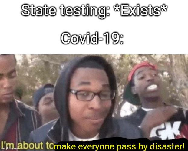 Look up "Pass by Disaster" on google | State testing: *Exists*; Covid-19:; make everyone pass by disaster! | image tagged in i am about to end this mans whole career,covid-19,passing,disaster,test,school | made w/ Imgflip meme maker