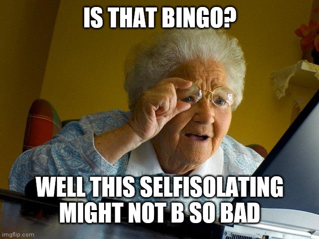 Grandma Finds The Internet | IS THAT BINGO? WELL THIS SELFISOLATING MIGHT NOT B SO BAD | image tagged in memes,grandma finds the internet | made w/ Imgflip meme maker