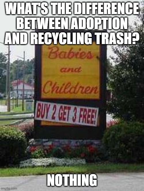 You're Adopted! | WHAT'S THE DIFFERENCE BETWEEN ADOPTION AND RECYCLING TRASH? NOTHING | image tagged in adoption | made w/ Imgflip meme maker
