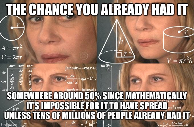 Calculating meme | THE CHANCE YOU ALREADY HAD IT SOMEWHERE AROUND 50% SINCE MATHEMATICALLY IT’S IMPOSSIBLE FOR IT TO HAVE SPREAD UNLESS TENS OF MILLIONS OF PEO | image tagged in calculating meme | made w/ Imgflip meme maker