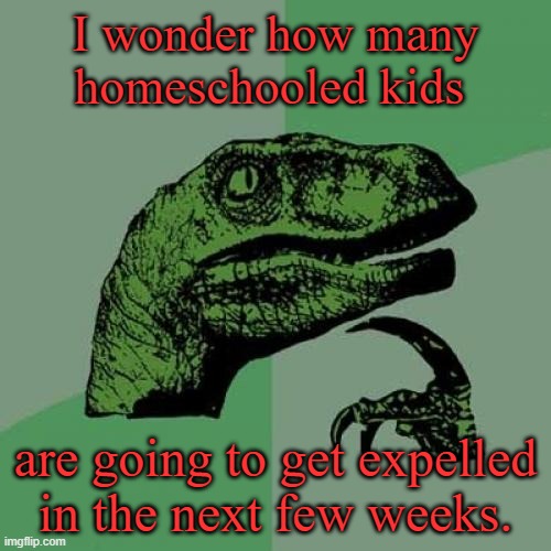 Philosoraptor |  I wonder how many homeschooled kids; are going to get expelled in the next few weeks. | image tagged in memes,philosoraptor,covid-19,coronavirus,homeschool | made w/ Imgflip meme maker