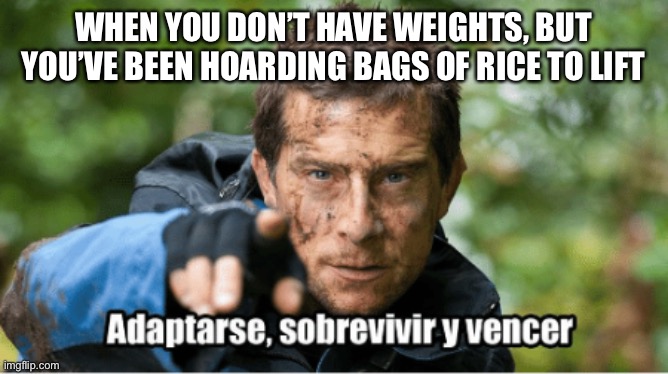adaptarse, sobrevivir y vencer | WHEN YOU DON’T HAVE WEIGHTS, BUT YOU’VE BEEN HOARDING BAGS OF RICE TO LIFT | image tagged in adaptarse sobrevivir y vencer,improvise adapt overcome,bear grylls,coronavirus,corona virus,weights | made w/ Imgflip meme maker