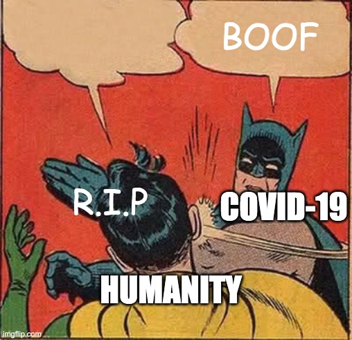 covid-19 | BOOF; COVID-19; R.I.P; HUMANITY | image tagged in memes,batman slapping robin | made w/ Imgflip meme maker