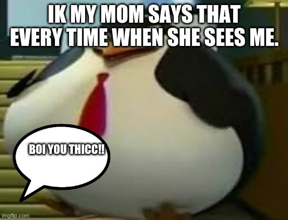 IK MY MOM SAYS THAT EVERY TIME WHEN SHE SEES ME. BOI YOU THICC!! | image tagged in penguin gang | made w/ Imgflip meme maker