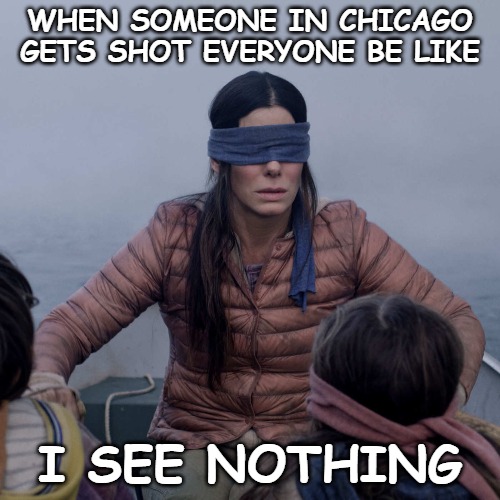 Bird Box Meme | WHEN SOMEONE IN CHICAGO GETS SHOT EVERYONE BE LIKE; I SEE NOTHING | image tagged in memes,bird box,chicago | made w/ Imgflip meme maker