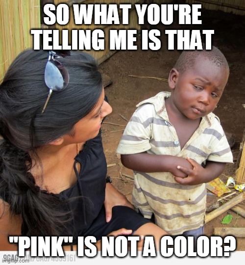 skeptic African child | SO WHAT YOU'RE TELLING ME IS THAT; "PINK" IS NOT A COLOR? | image tagged in skeptic african child | made w/ Imgflip meme maker