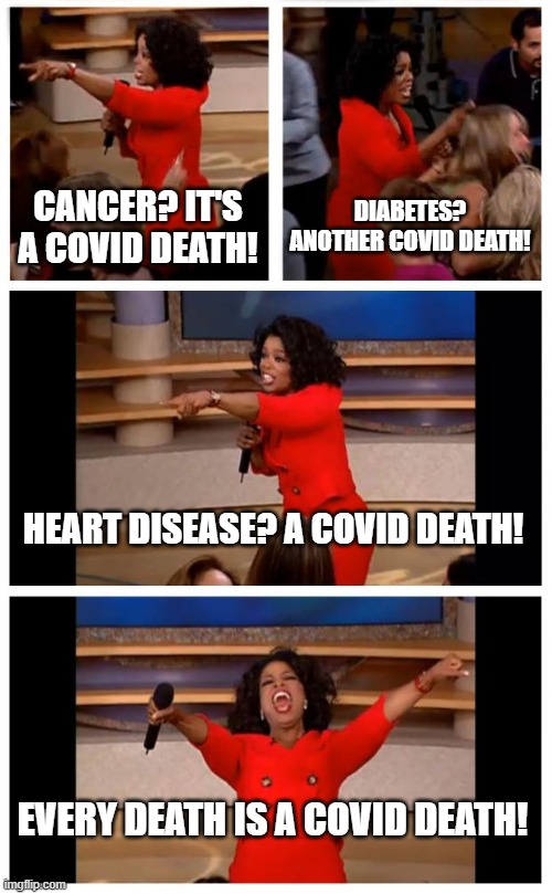 Oprah You Get A Car Everybody Gets A Car Meme | CANCER? IT'S A COVID DEATH! DIABETES? ANOTHER COVID DEATH! HEART DISEASE? A COVID DEATH! EVERY DEATH IS A COVID DEATH! | image tagged in memes,oprah you get a car everybody gets a car | made w/ Imgflip meme maker