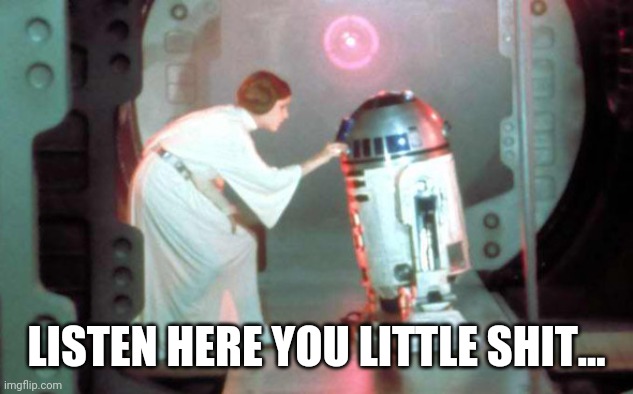 Leia-r2d2 | LISTEN HERE YOU LITTLE SHIT... | image tagged in leia-r2d2 | made w/ Imgflip meme maker