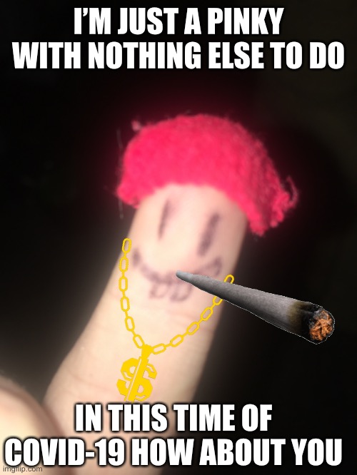 I’M JUST A PINKY WITH NOTHING ELSE TO DO; IN THIS TIME OF COVID-19 HOW ABOUT YOU | image tagged in coronavirus,memes,smoke,cannabis,funny | made w/ Imgflip meme maker
