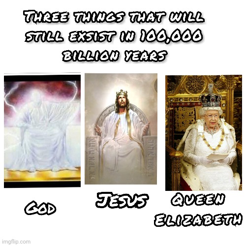Queen Elizabeth and God | image tagged in queen elizabeth,god,jesus,immortal | made w/ Imgflip meme maker