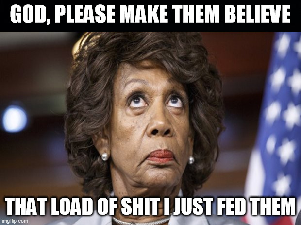BIG MOUTH HATER | GOD, PLEASE MAKE THEM BELIEVE; THAT LOAD OF SHIT I JUST FED THEM | image tagged in political meme,funny,maxine waters | made w/ Imgflip meme maker