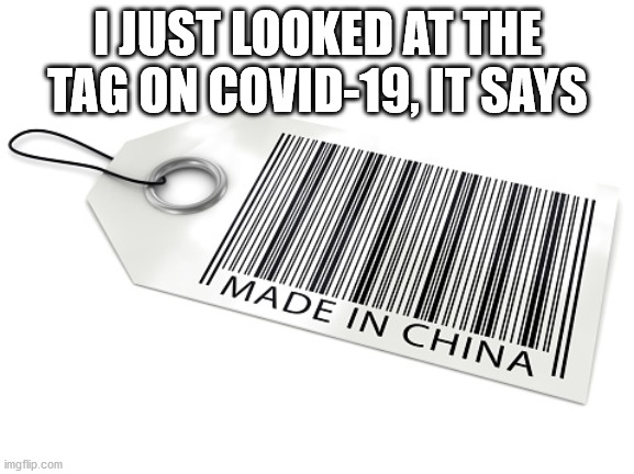 I JUST LOOKED AT THE TAG ON COVID-19, IT SAYS | image tagged in flu,made in china | made w/ Imgflip meme maker