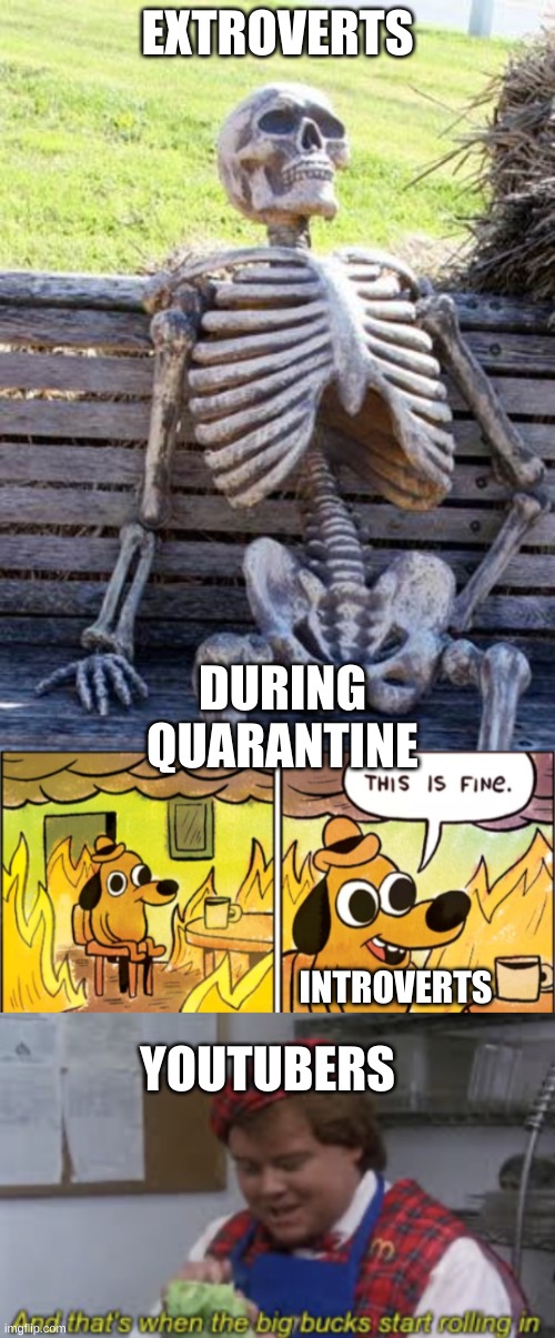 During quarantine | EXTROVERTS; DURING QUARANTINE; INTROVERTS; YOUTUBERS | image tagged in memes,waiting skeleton,quarantine | made w/ Imgflip meme maker
