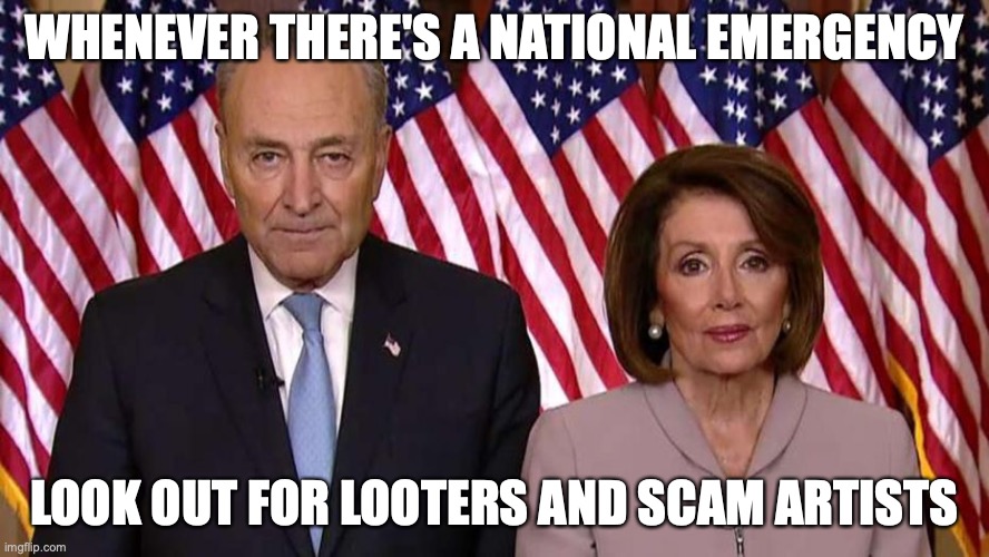 WHENEVER THERE'S A NATIONAL EMERGENCY; LOOK OUT FOR LOOTERS AND SCAM ARTISTS | image tagged in nancy pelosi,chuck schumer,coronavirus | made w/ Imgflip meme maker