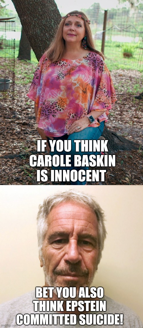 IF YOU THINK CAROLE BASKIN IS INNOCENT; BET YOU ALSO THINK EPSTEIN COMMITTED SUICIDE! | image tagged in jeffrey epstein,tiger king | made w/ Imgflip meme maker