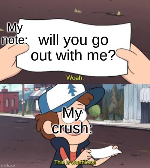 Wow This Is Useless | My note:; will you go out with me? My crush: | image tagged in wow this is useless | made w/ Imgflip meme maker
